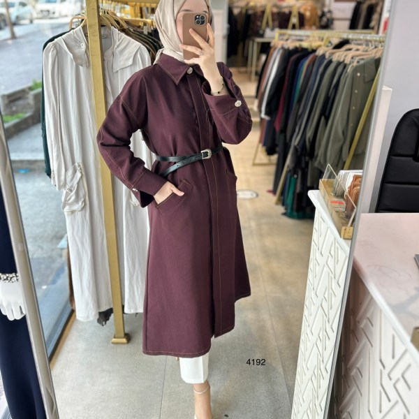 4192 Uzun Kollu Önden Düğmeli Belden Kemerli Kap - Görsel 2