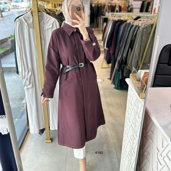 4192 Uzun Kollu Önden Düğmeli Belden Kemerli Kap - Görsel 1