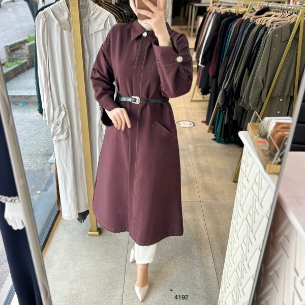 4192 Uzun Kollu Önden Düğmeli Belden Kemerli Kap - Görsel 10