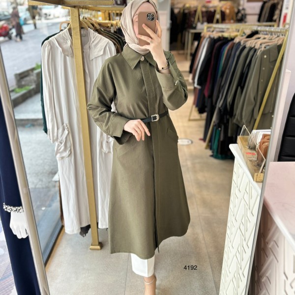 4192 Uzun Kollu Önden Düğmeli Belden Kemerli Kap - Görsel 6