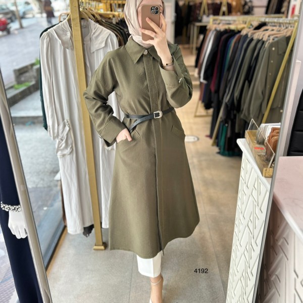 4192 Uzun Kollu Önden Düğmeli Belden Kemerli Kap - Görsel 18