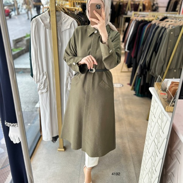 4192 Uzun Kollu Önden Düğmeli Belden Kemerli Kap - Görsel 16