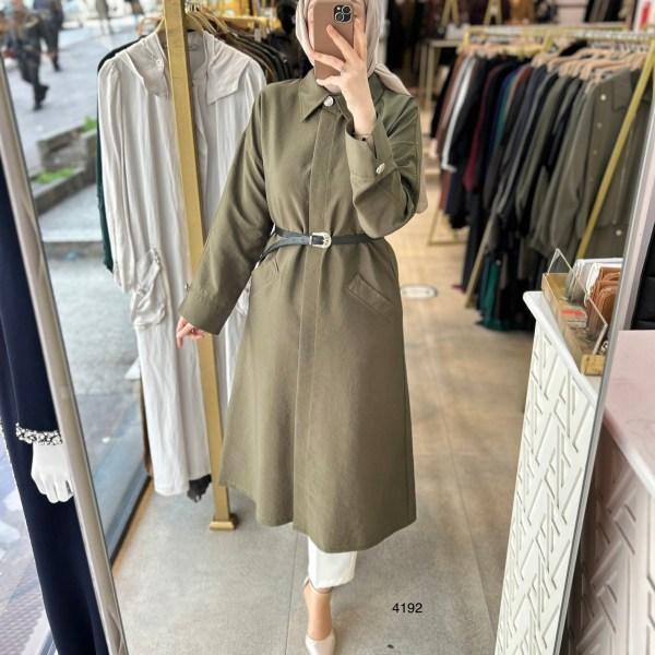 4192 Uzun Kollu Önden Düğmeli Belden Kemerli Kap - Görsel 14