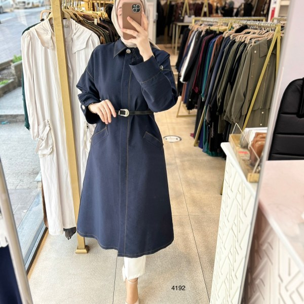 4192 Uzun Kollu Önden Düğmeli Belden Kemerli Kap - Görsel 21