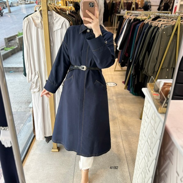 4192 Uzun Kollu Önden Düğmeli Belden Kemerli Kap - Görsel 5