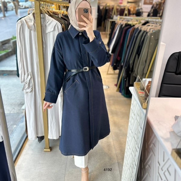 4192 Uzun Kollu Önden Düğmeli Belden Kemerli Kap - Görsel 4