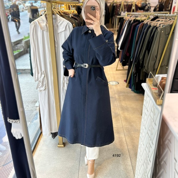 4192 Uzun Kollu Önden Düğmeli Belden Kemerli Kap - Görsel 23