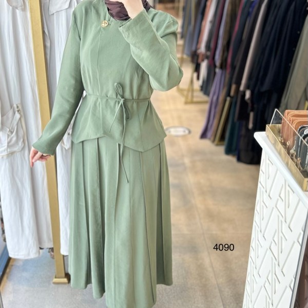 4090 Kemerli Düğme Detaylı Etekli Takım - Görsel 4