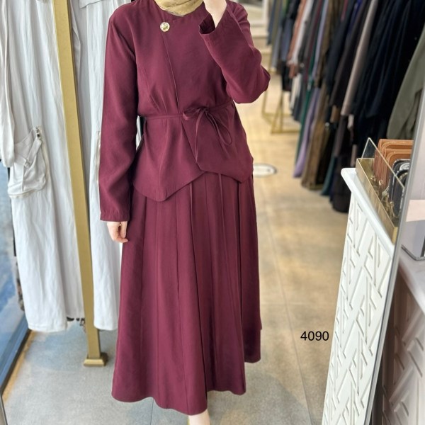 4090 Kemerli Düğme Detaylı Etekli Takım - Görsel 14