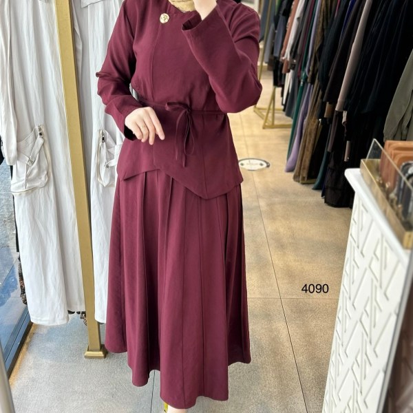 4090 Kemerli Düğme Detaylı Etekli Takım - Görsel 16