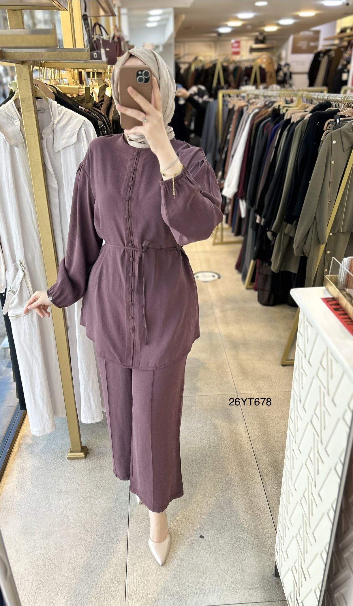 26YT678 Düğme Detaylı Kemerli Takım