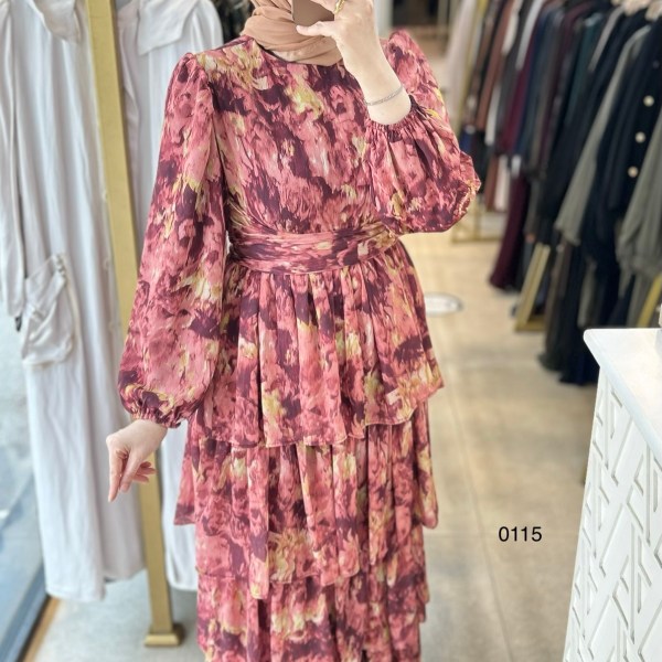 0115 Kat Kat Bağlama Detaylı Elbise - Görsel 6