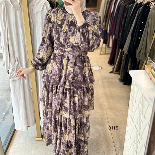 0115 Kat Kat Bağlama Detaylı Elbise - Görsel 8