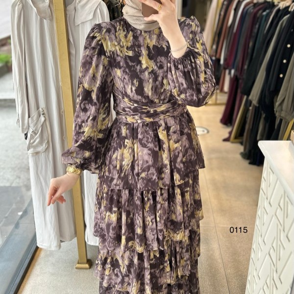 0115 Kat Kat Bağlama Detaylı Elbise - Görsel 10