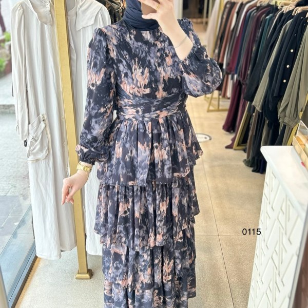 0115 Kat Kat Bağlama Detaylı Elbise - Görsel 1