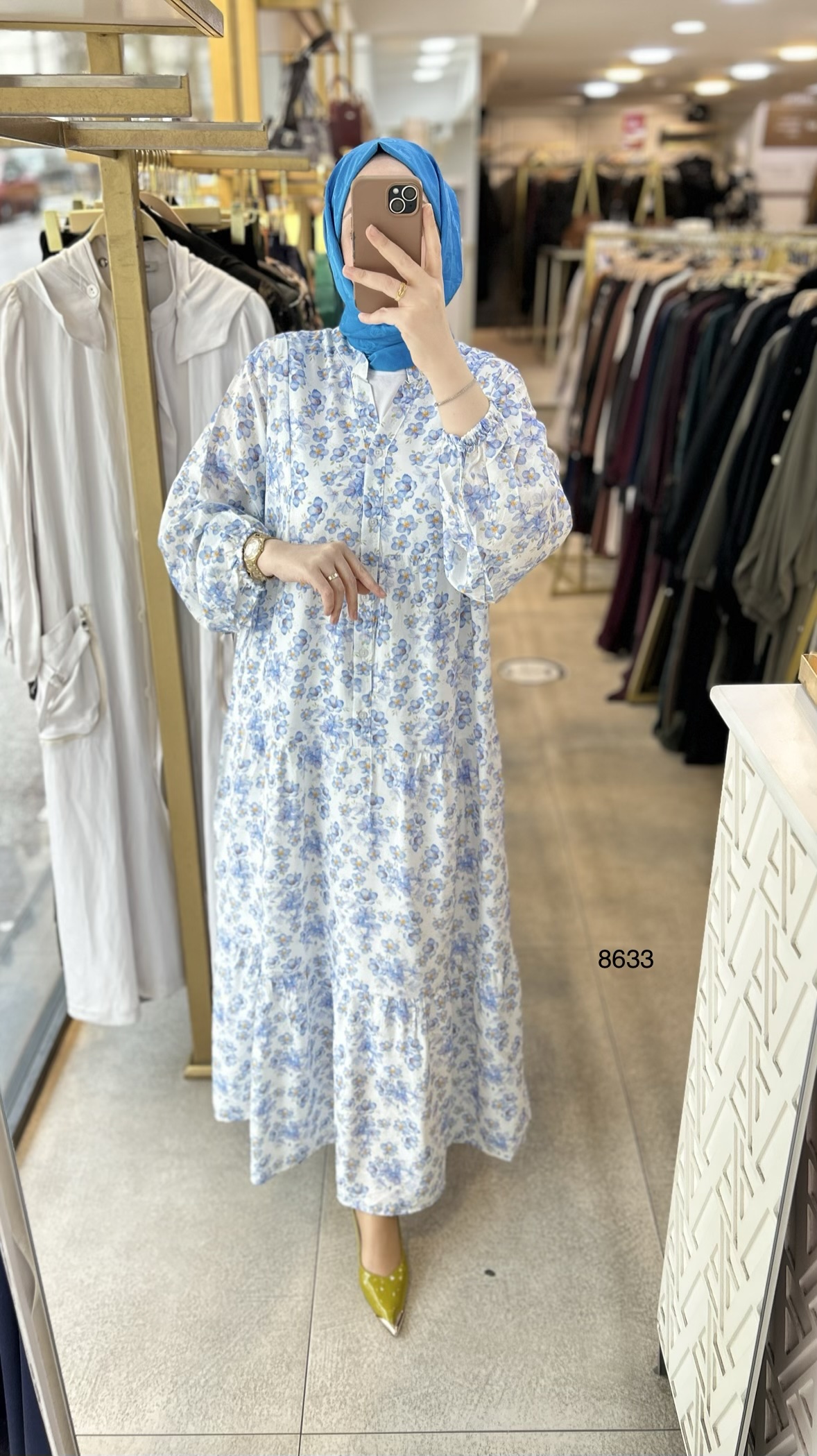 8633 Önü Düğmeli Çiçek Desenli Elbise