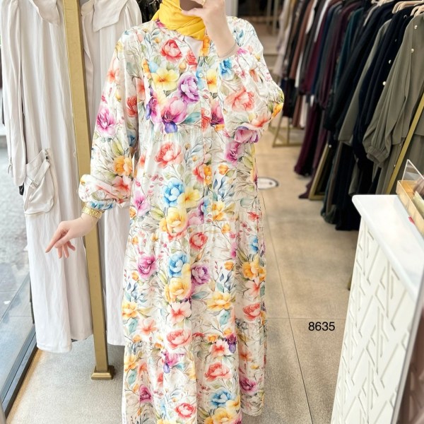 8635 Çiçek Desenli Elbise - Görsel 1